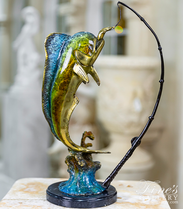 Bronze Statues  - Mahi Mahi On Fishing Line Statue In Enameled Bronze - BS-1690